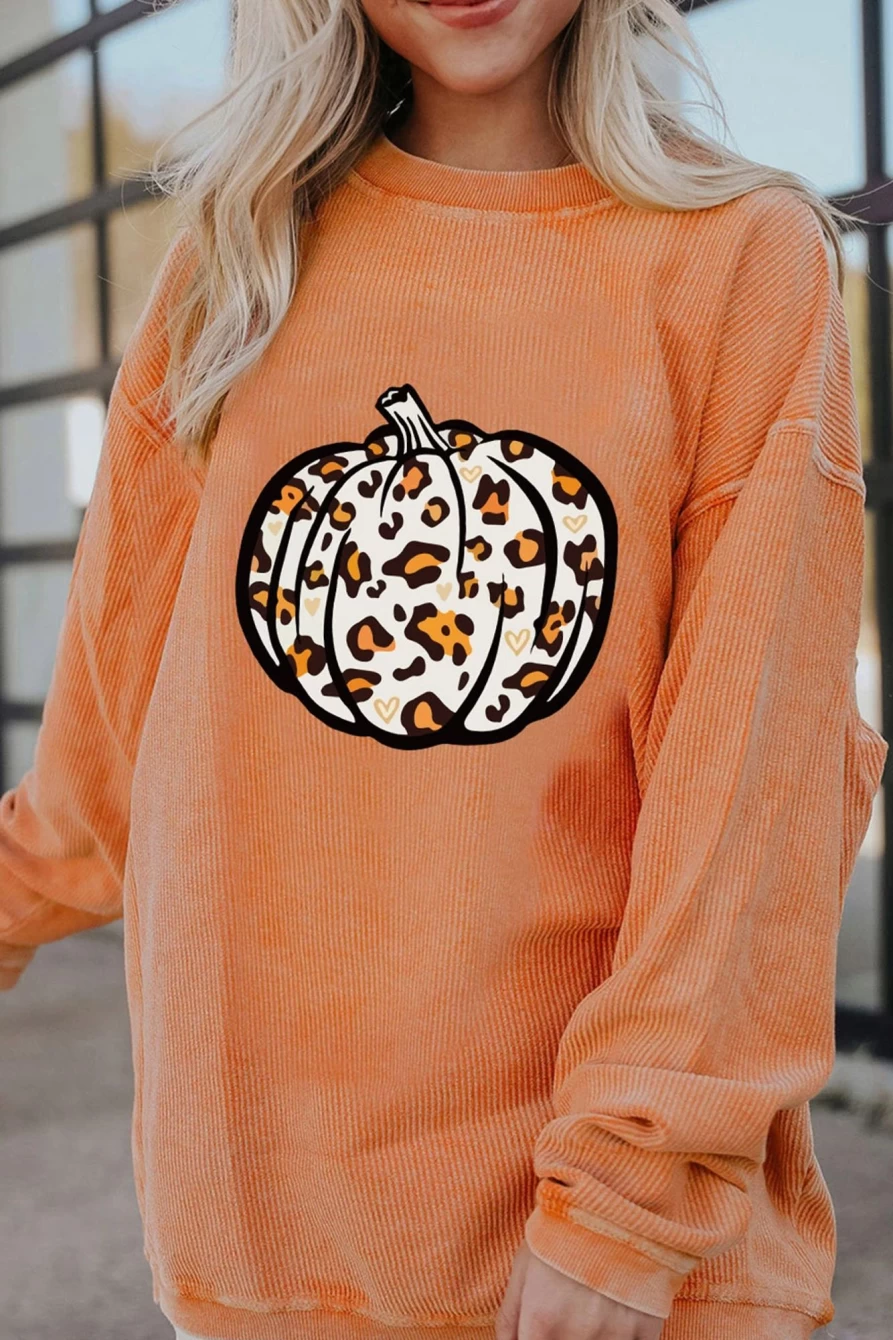 Shewin Women's Orange Leopard Print Pumpkin Graphic Corded Sweatshirt - Cozy Fall Pullover