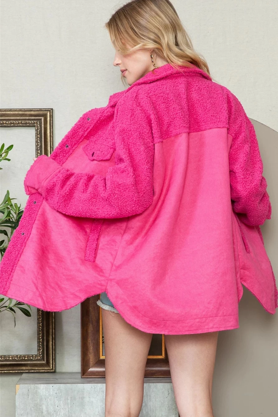 Shewin Women's Dark Pink Faux Suede Sherpa Patchwork Button-Up Shacket Coat