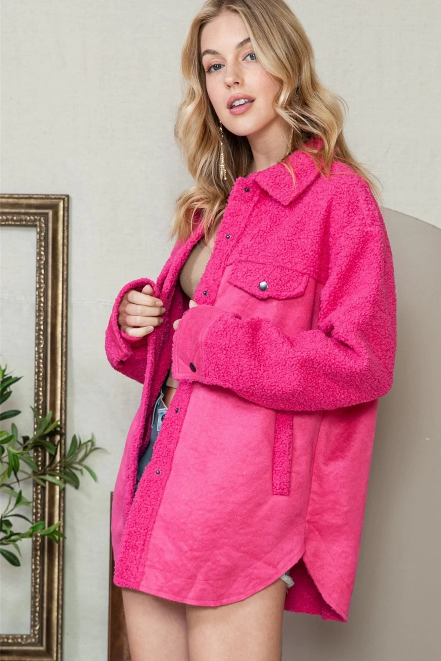 Shewin Women's Dark Pink Faux Suede Sherpa Patchwork Button-Up Shacket Coat