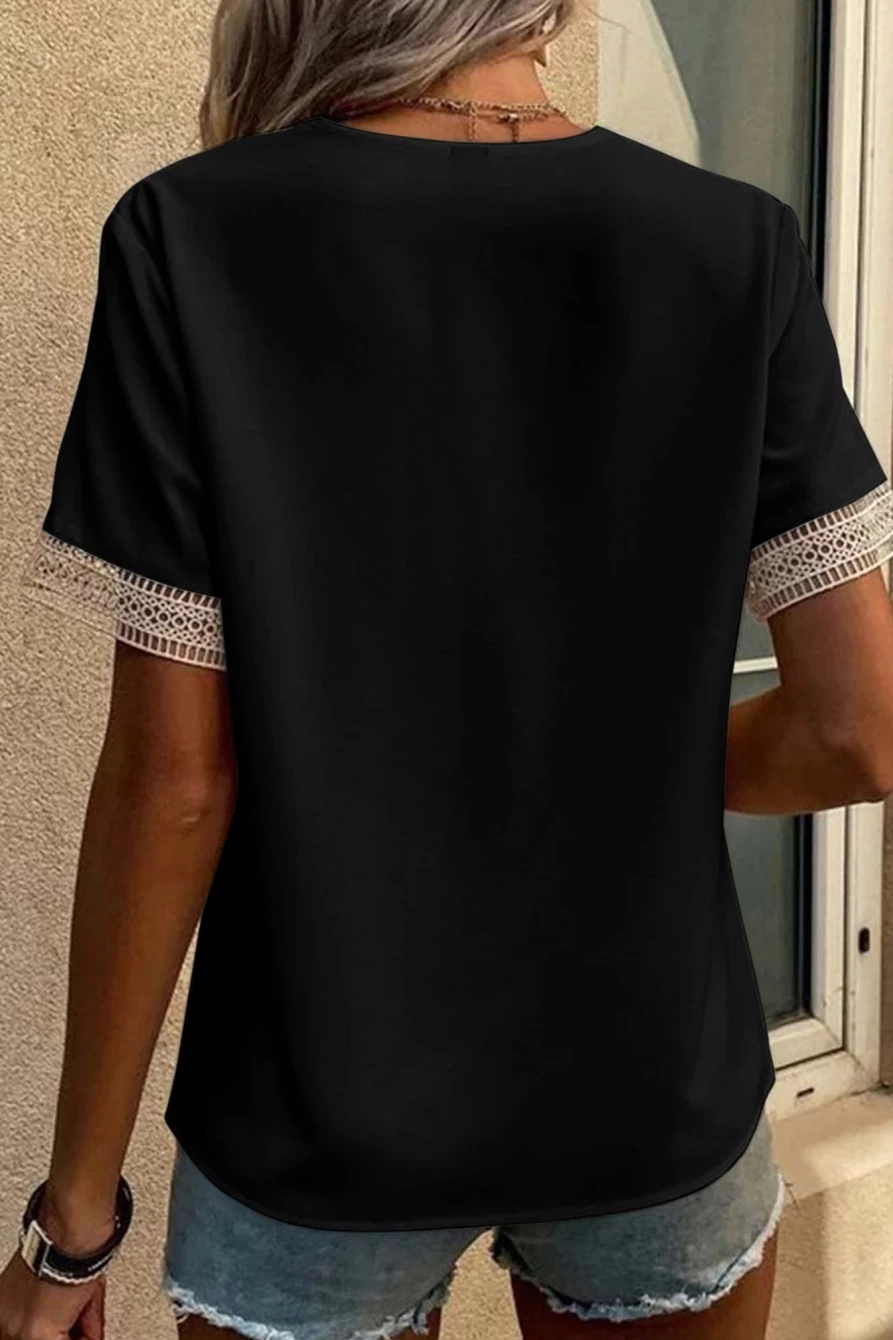 Shewin Women's Black Lace Trim V-Neck Casual Short Sleeve Blouse Top