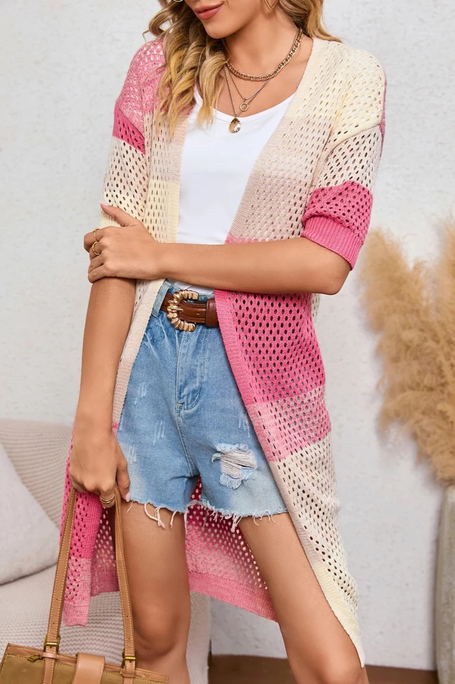 Shewin Women's Pink Ribbed Ombre Short Sleeve Eyelet Knit Cardigan