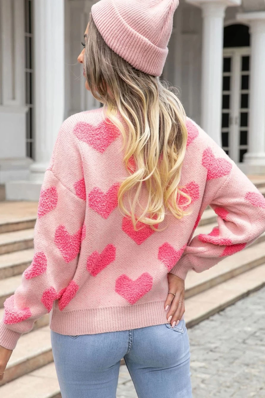 Shewin Women's Light Pink Heart Jacquard Knit Sweater for Valentine's Day