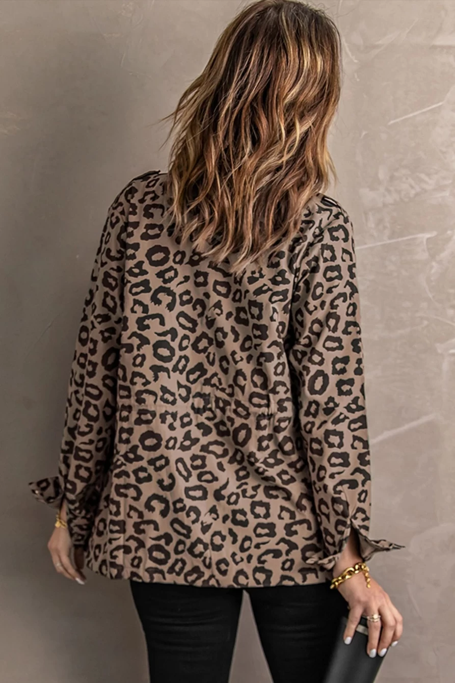 Shewin Women's Brown Leopard Print Collar Casual Zipper Drawstring Jacket