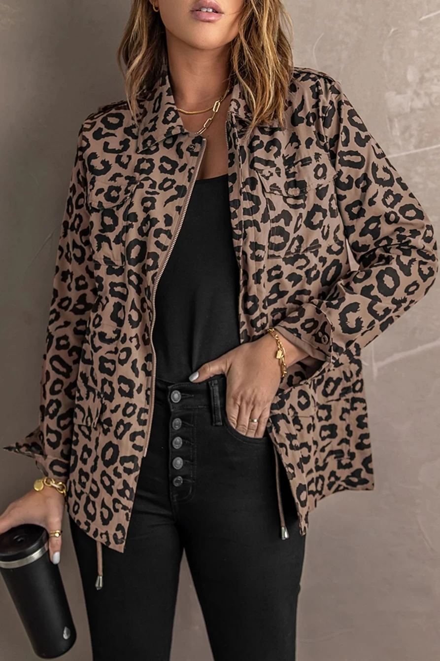 Shewin Women's Brown Leopard Print Collar Casual Zipper Drawstring Jacket