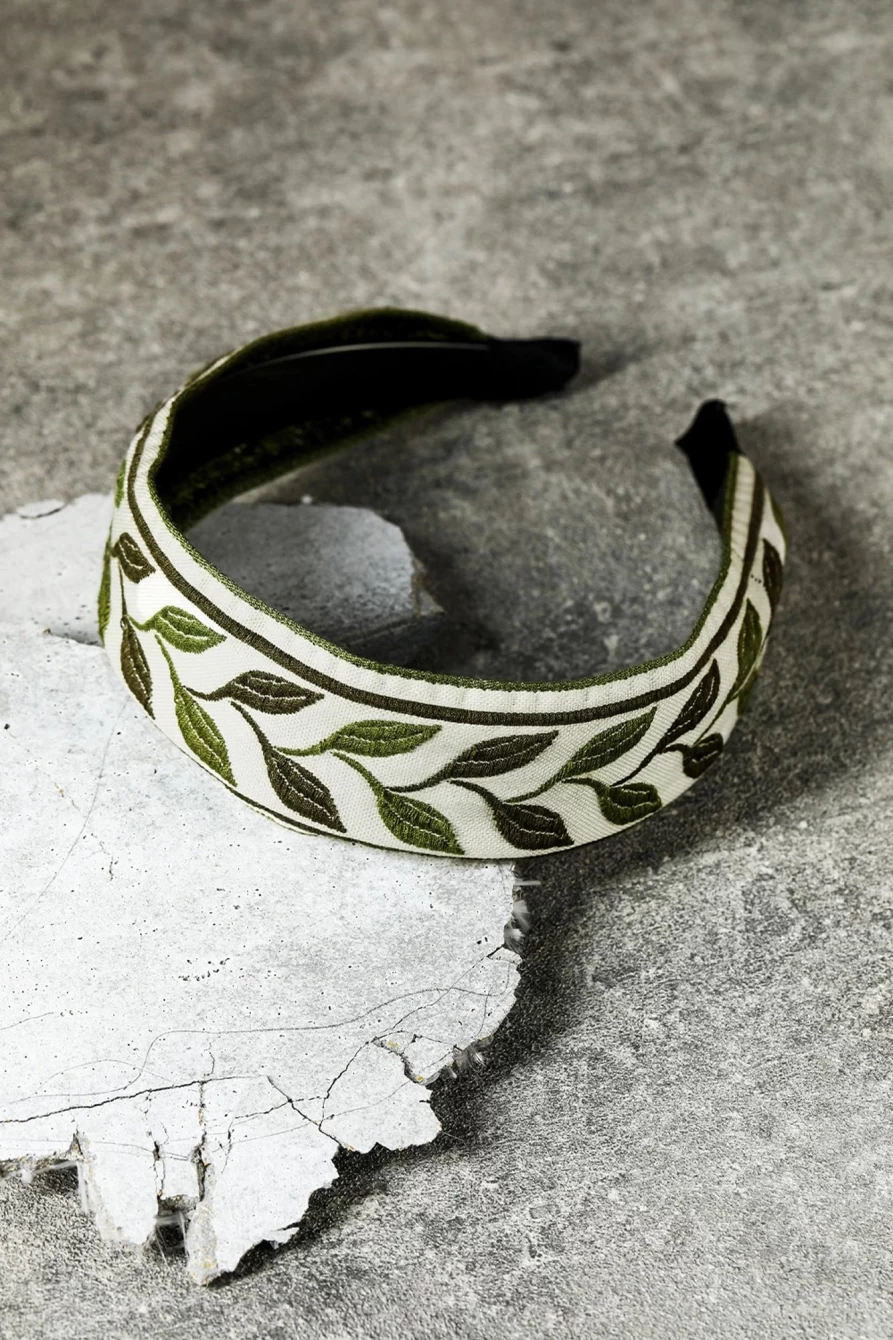 Shewin Women's Grass Green Leafy Embroidered Wide Headband - Floral Hair Accessory for Women
