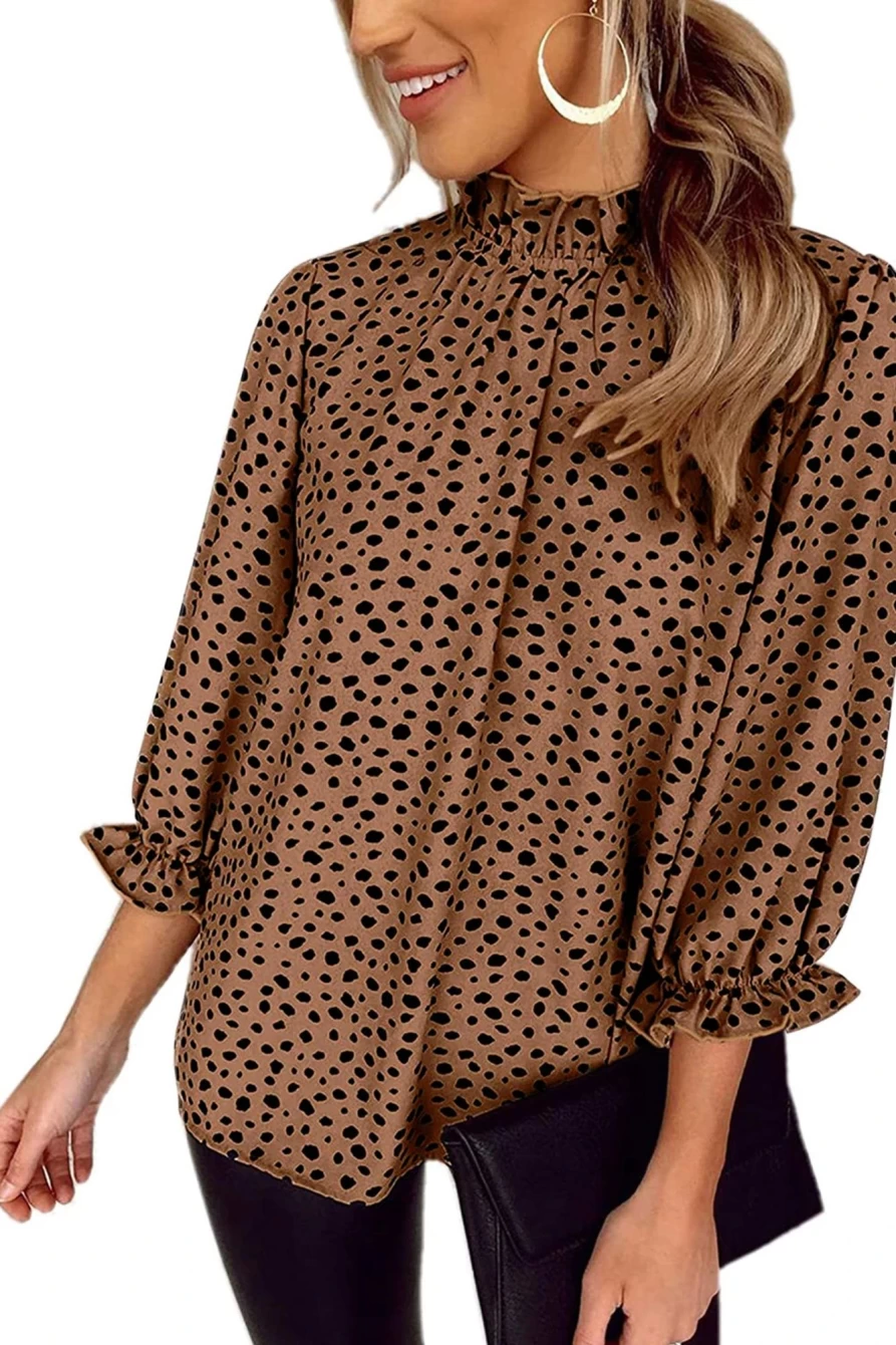 "SheWin Women's Brown Leopard Print Frill Neck 3/4 Sleeve Blouse"