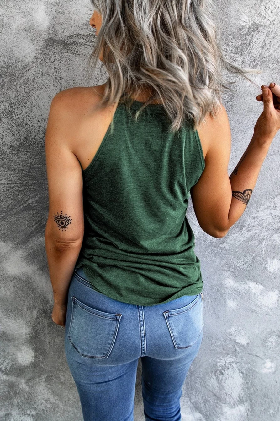 Shewin Women's Green Casual Solid Color Crew Neck Tank Top