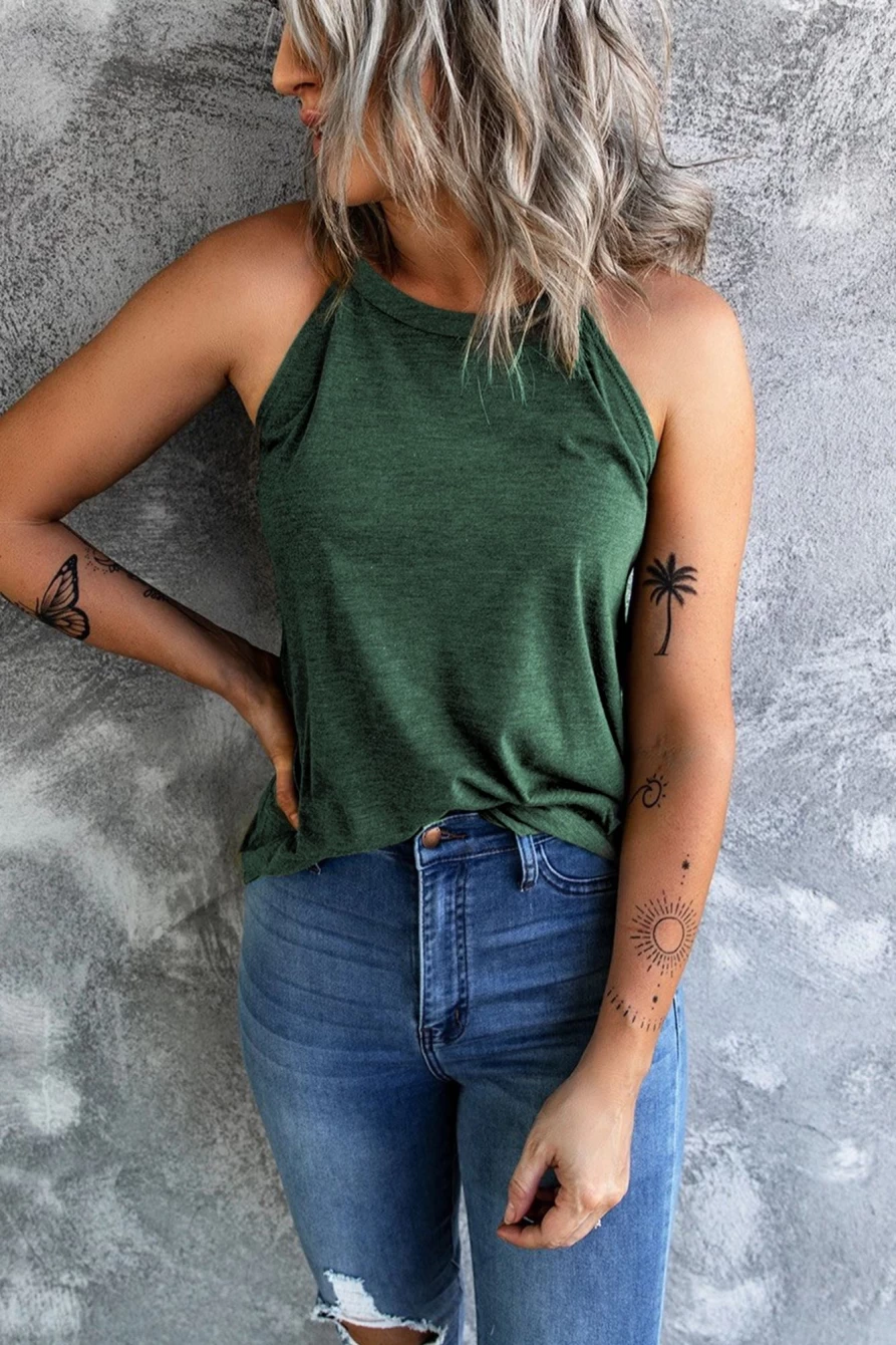Shewin Women's Green Casual Solid Color Crew Neck Tank Top