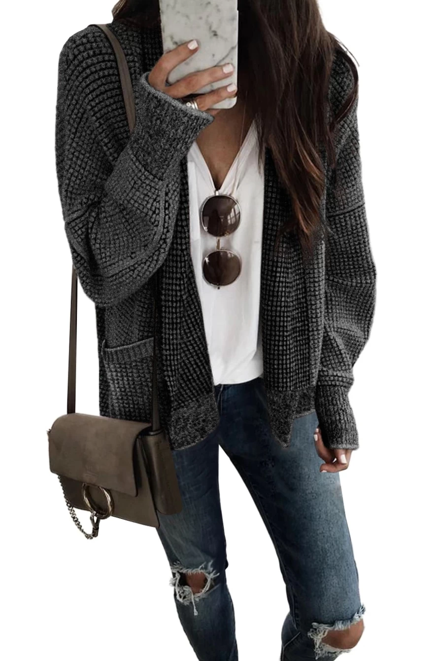 Shewin Women's Black Chunky Knit Cardigan with Drop Sleeves and Pockets