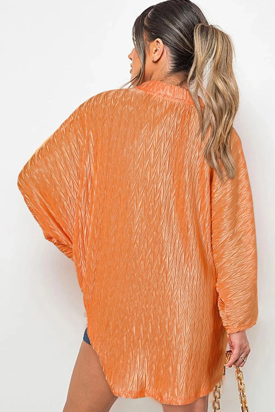 Women's Grapefruit Orange Textured Button-Up Shirt with Batwing Sleeve by Shewin