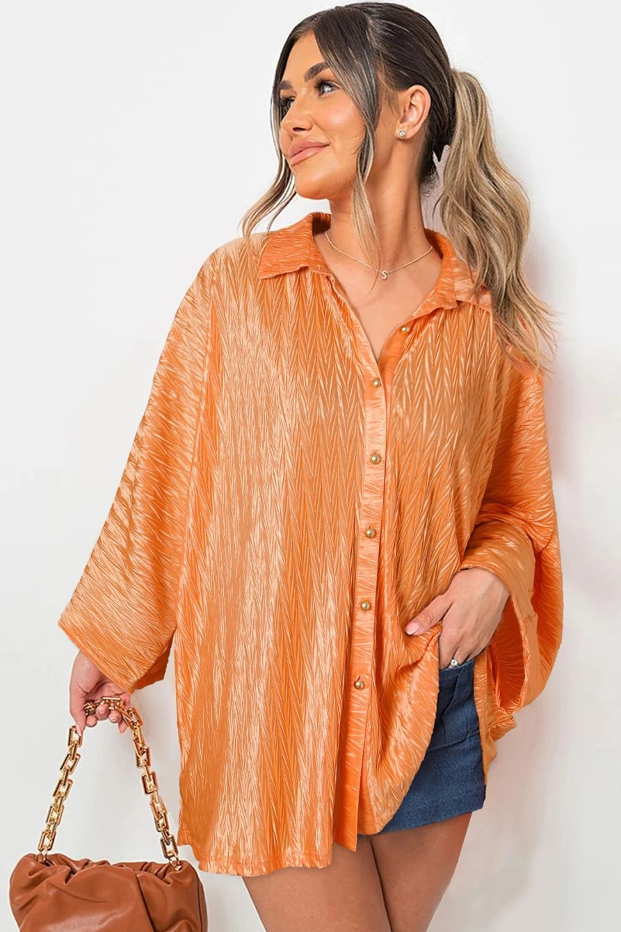 Women's Grapefruit Orange Textured Button-Up Shirt with Batwing Sleeve by Shewin