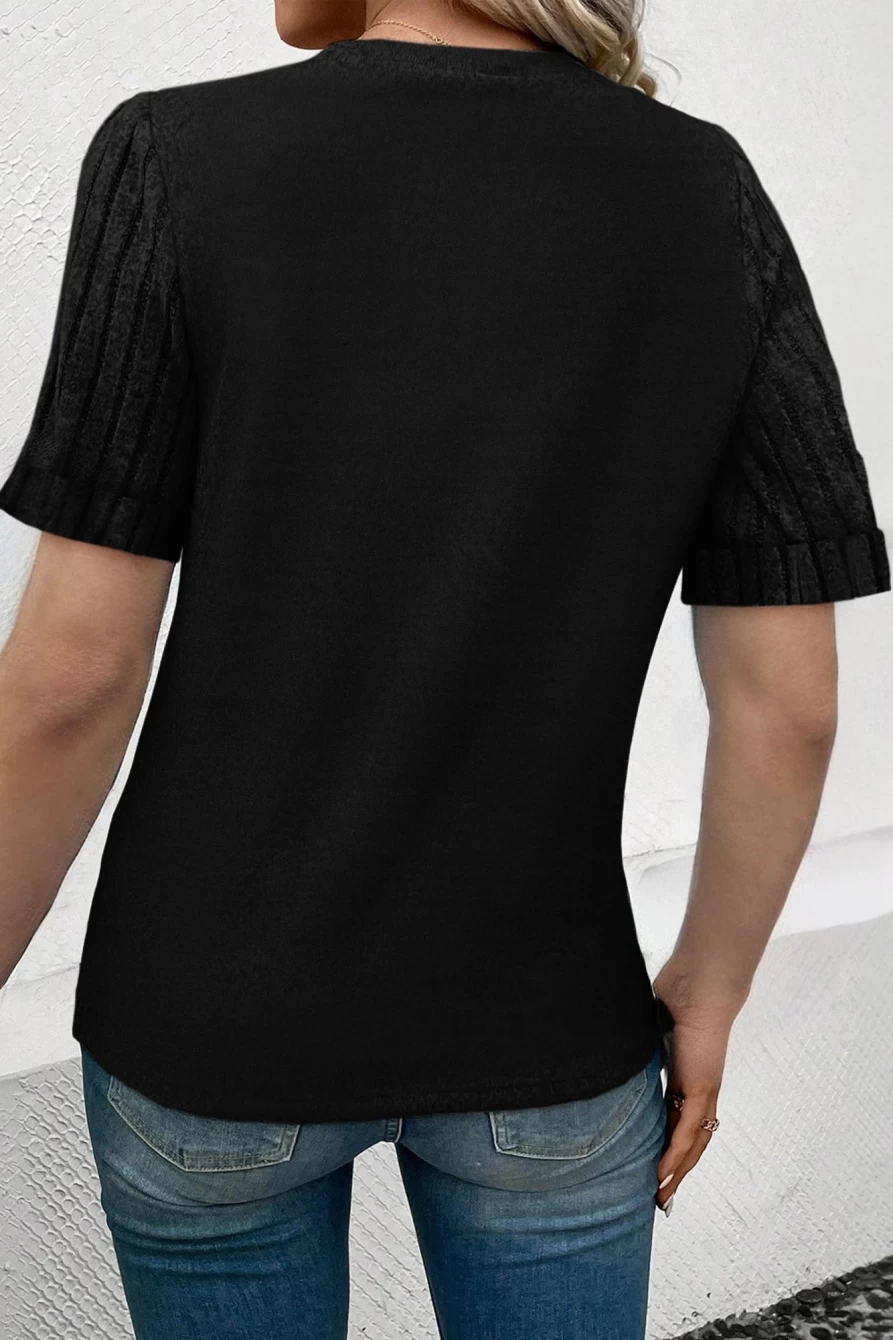 Shewin Women's Black Ribbed Short Sleeve Round Neck T-Shirt - Stylish Splicing Detail Top