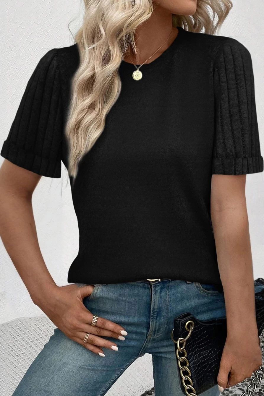 Shewin Women's Black Ribbed Short Sleeve Round Neck T-Shirt - Stylish Splicing Detail Top