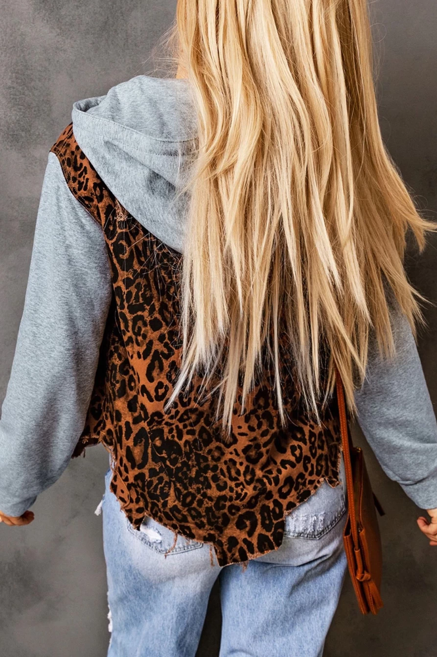 Shewin Women's Leopard Print Patchwork Distressed Denim Jacket with Raw Hem
