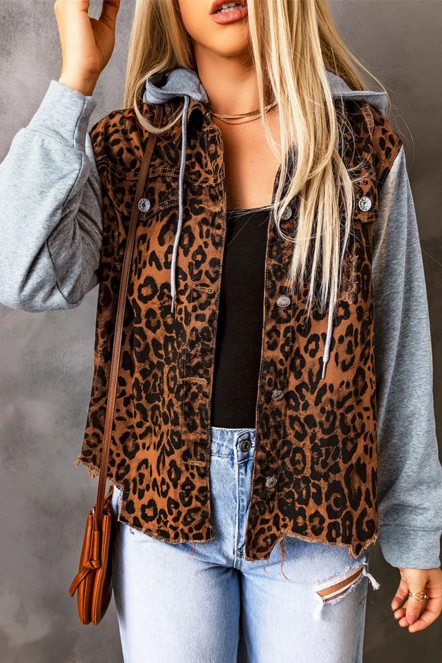 Shewin Women's Leopard Print Patchwork Distressed Denim Jacket with Raw Hem