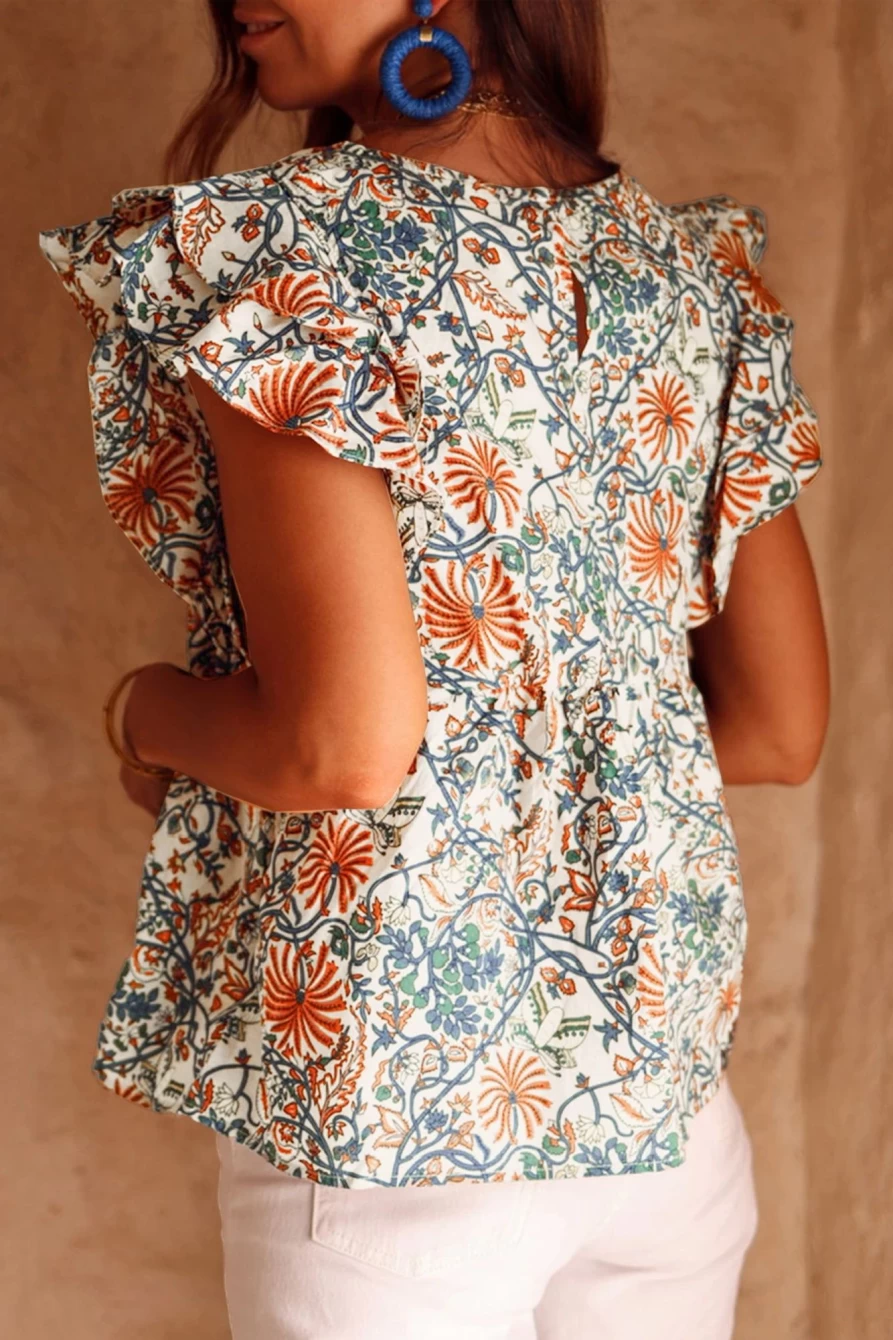 Shewin Women's Boho Floral Print Ruffled Sleeve Blouse - Multicolor Chic Top