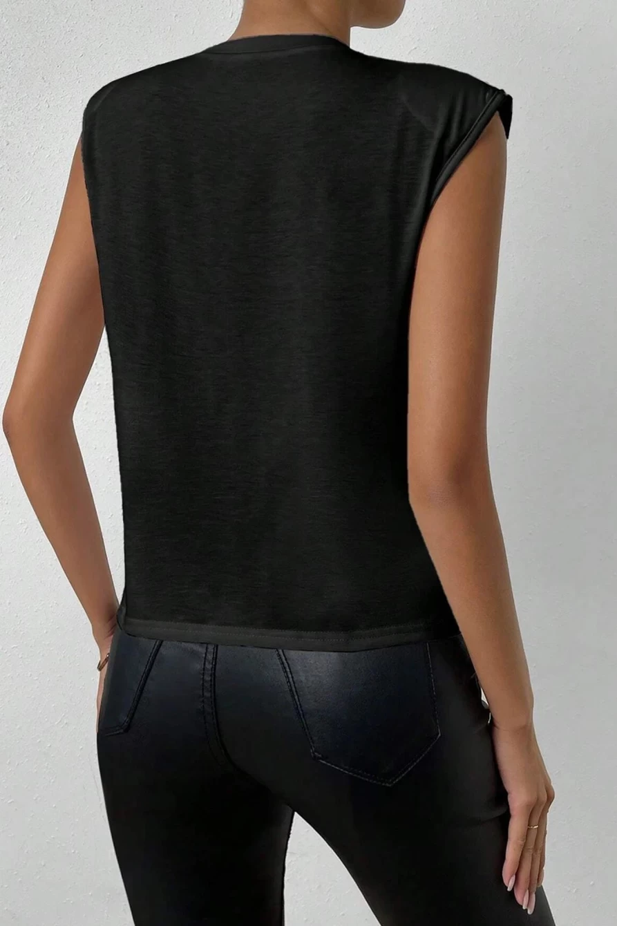 Shewin Women's Black Pearl-Embellished Beaded Shoulder Pad Tank Top