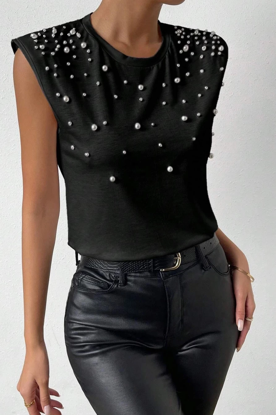 Shewin Women's Black Pearl-Embellished Beaded Shoulder Pad Tank Top