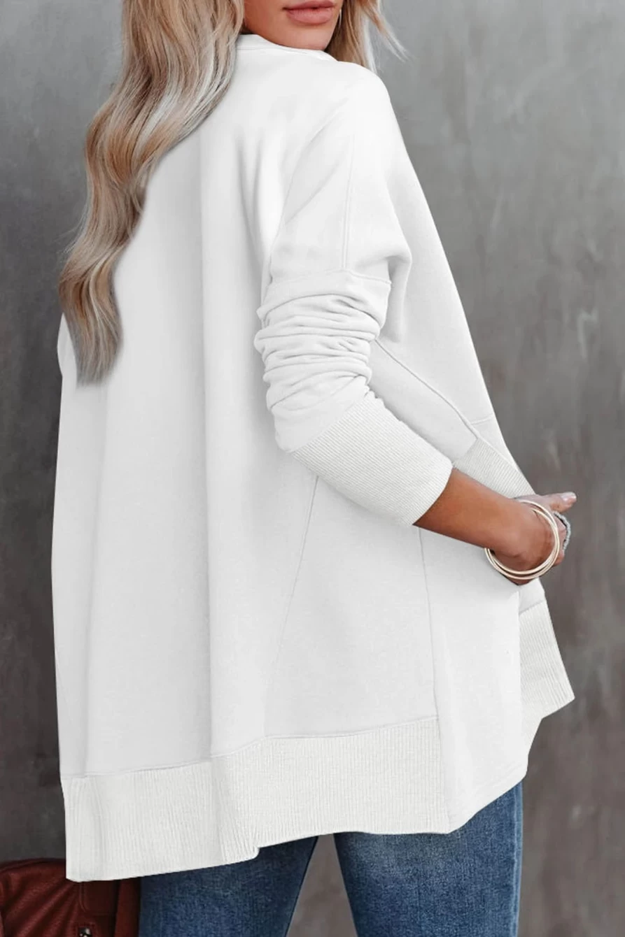 Women's Shewin White Oversized Quarter-Zip Pullover Sweatshirt - Cozy Casual Long Sleeve Top