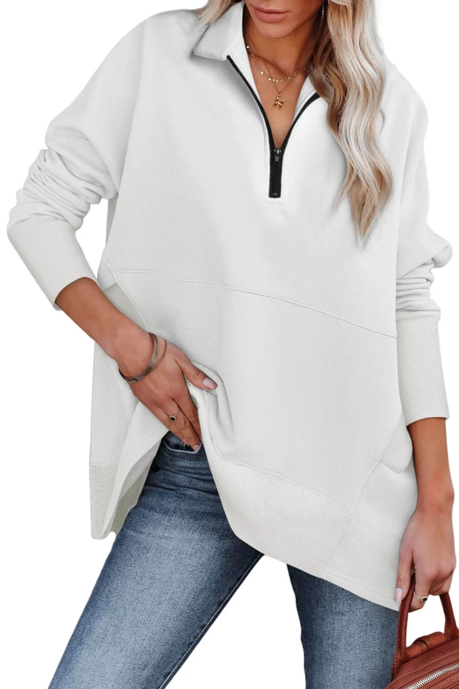 Women's Shewin White Oversized Quarter-Zip Pullover Sweatshirt - Cozy Casual Long Sleeve Top