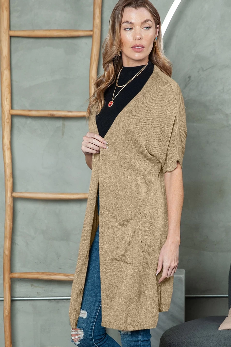 Shewin Women's Khaki Dolman Long Cardigan with Half Sleeves and Pockets