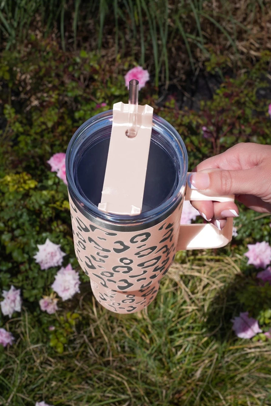 Shewin Pink Leopard Stainless Steel Double Wall Insulated Tumbler with Handle for Women