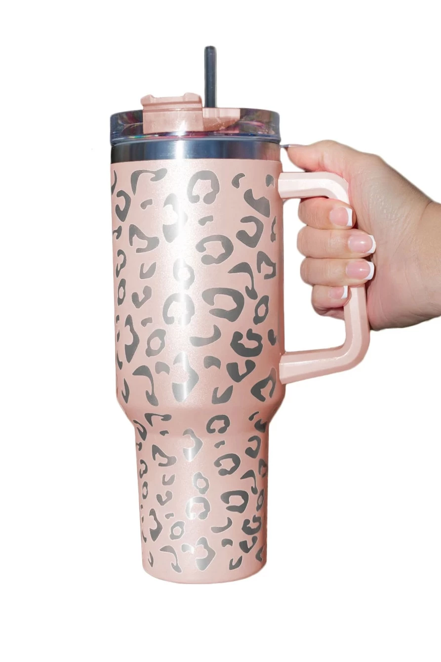 Shewin Pink Leopard Stainless Steel Double Wall Insulated Tumbler with Handle for Women
