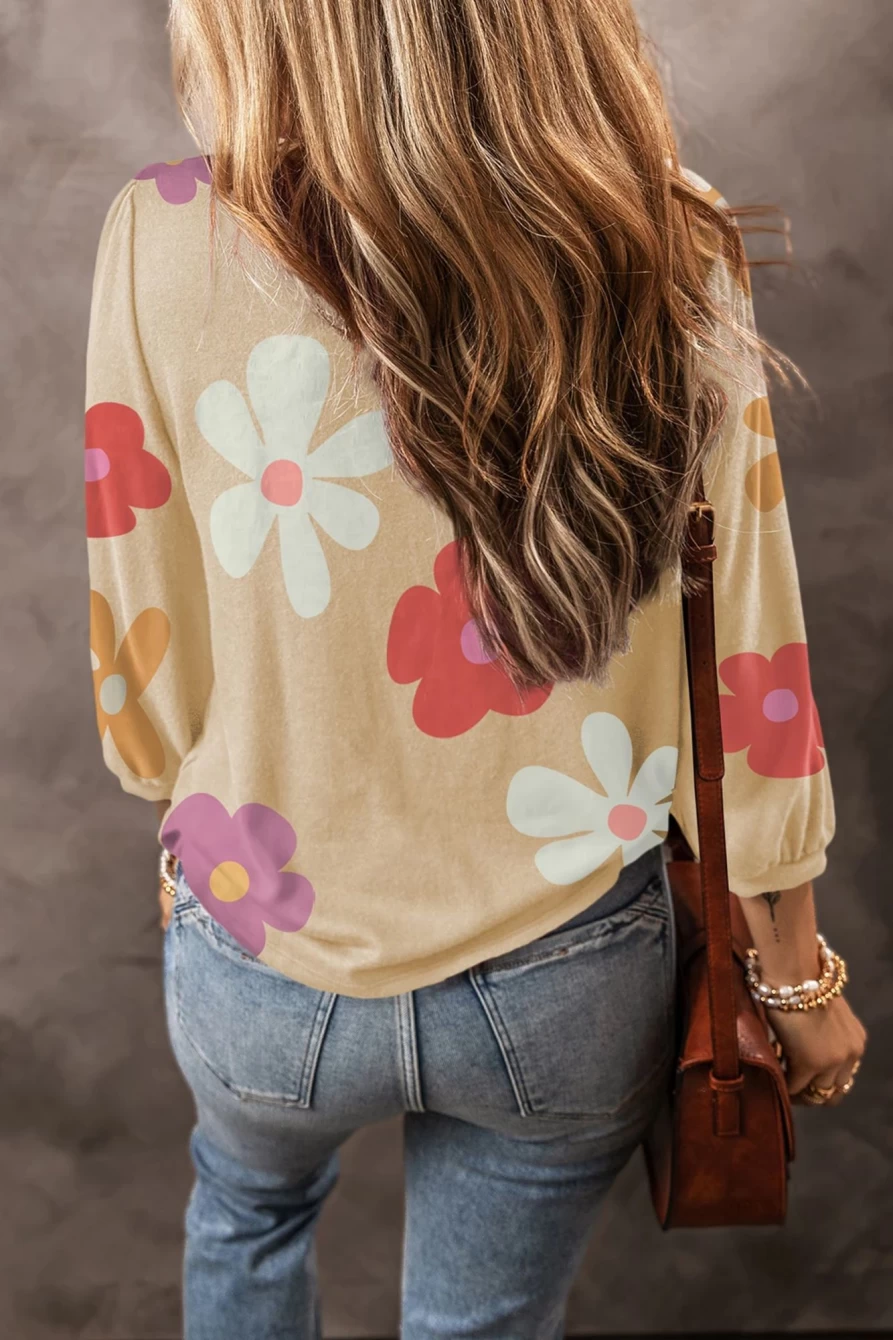 Shewin Women's Apricot Floral Ruched Bracelet Sleeve Blouse