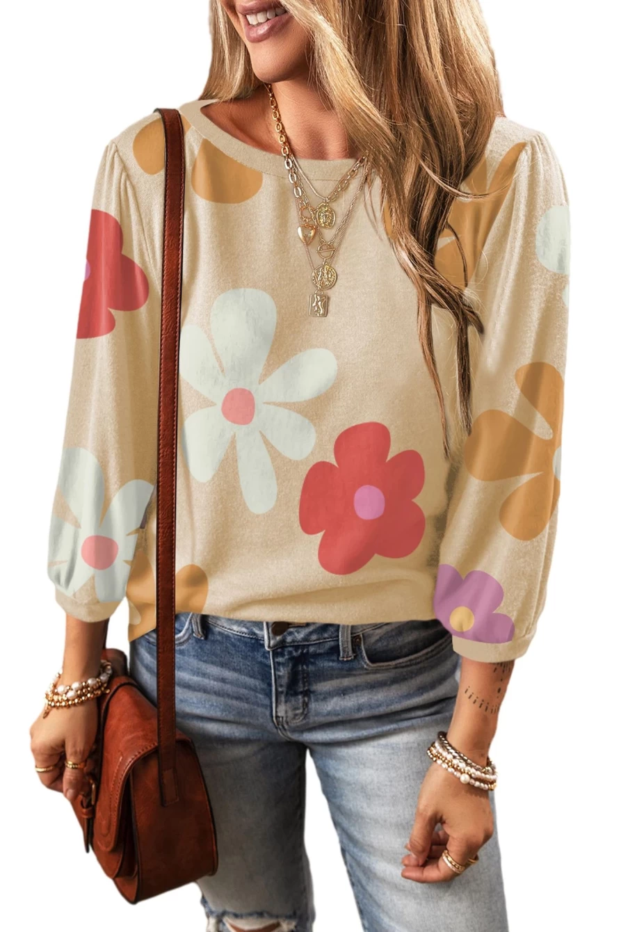 Shewin Women's Apricot Floral Ruched Bracelet Sleeve Blouse