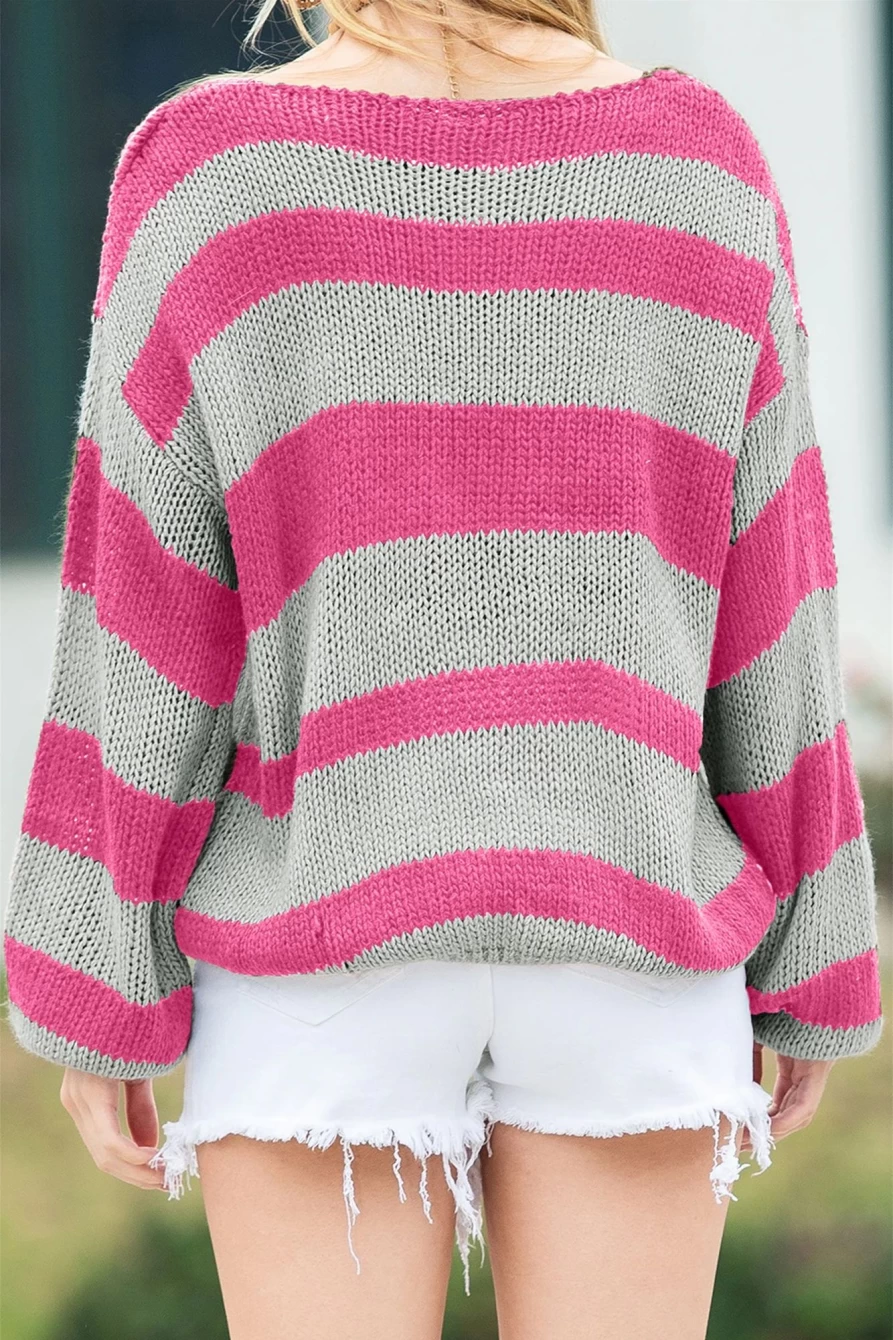 Shewin Women's Rose Striped Colorblock V-Neck Loose Fit Knit Sweater