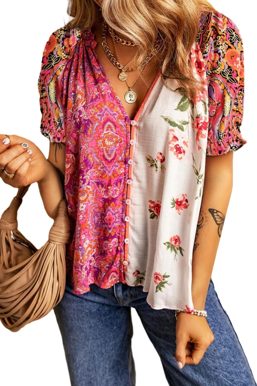 "Shewin Women's Multicolour Boho Floral Patchwork Short Sleeve Blouse with Frill Neck"