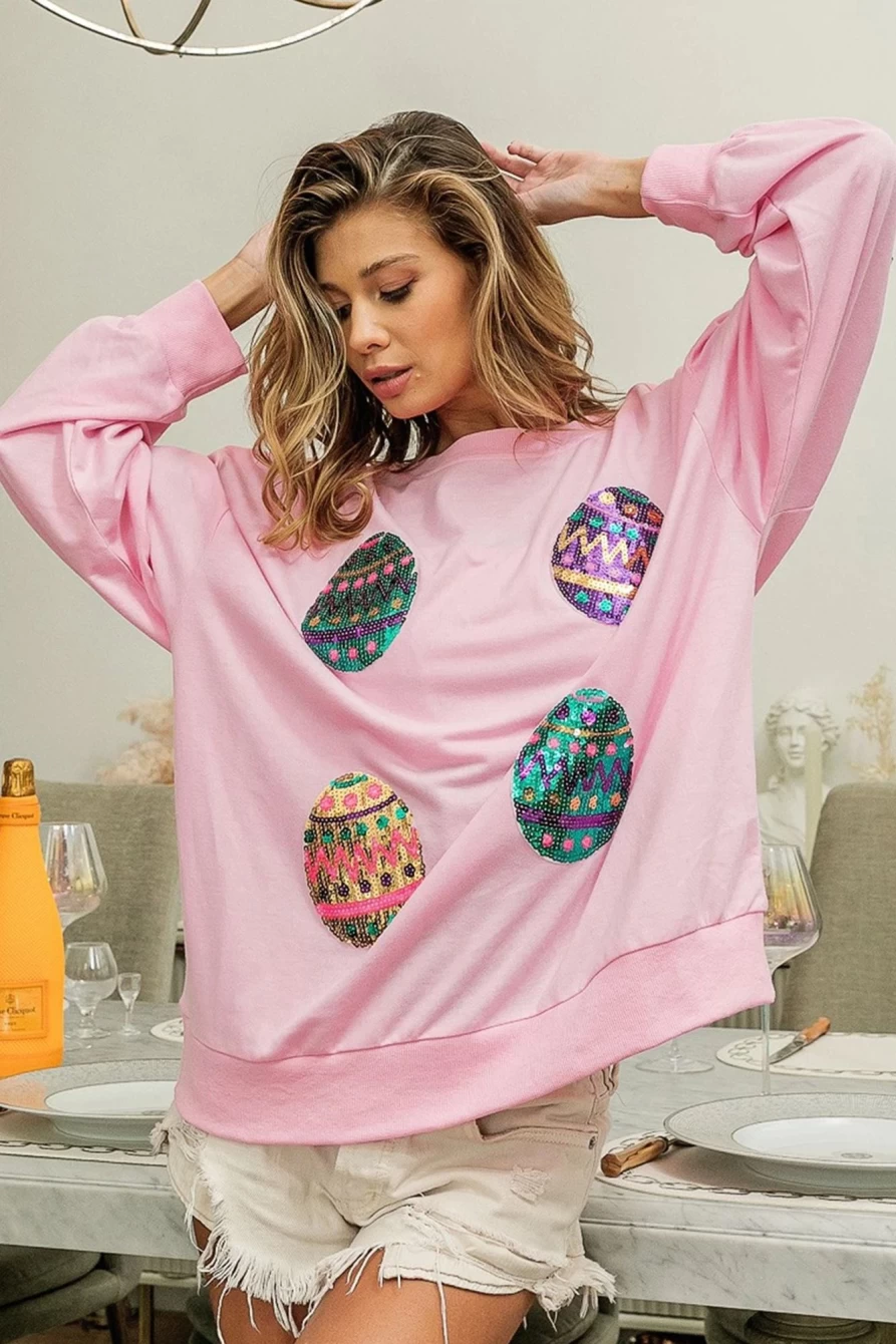 Shewin Women's Pink Sequin Easter Egg Print Oversized Drop Shoulder Sweatshirt