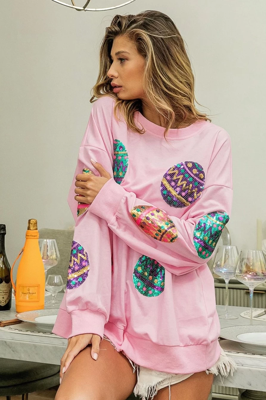 Shewin Women's Pink Sequin Easter Egg Print Oversized Drop Shoulder Sweatshirt
