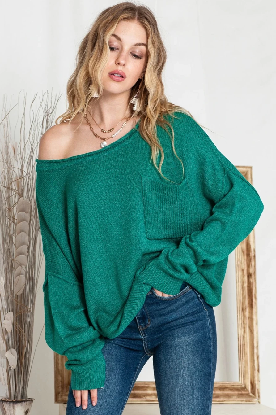Women's Green Solid Color Drop Shoulder Knitted Pullover Sweater | Shewin