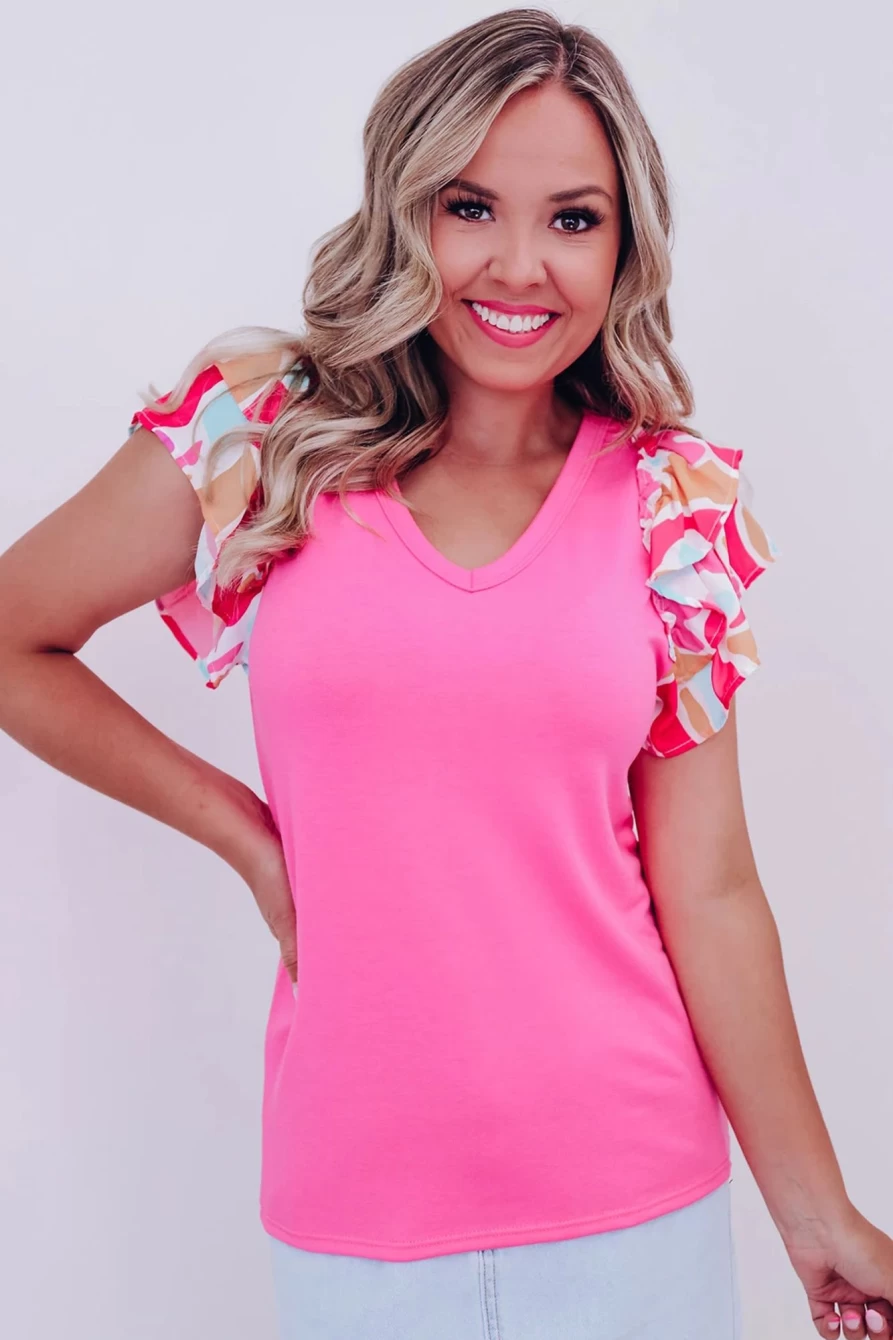 Shewin Women's Bonbon V-Neck Ruffle Sleeve Patchwork Tee