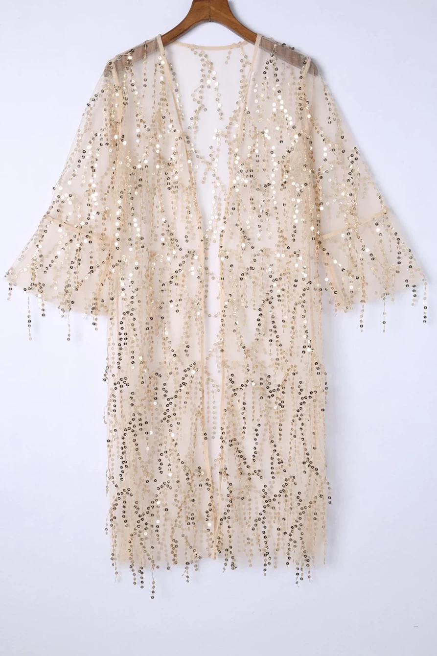 Women's White Sequin Sheer Open Front Cover Up by Shewin | Casual Beachwear & Evening Shrug