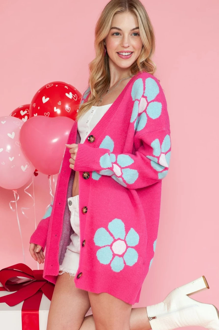 "SheWin Women's Strawberry Pink Floral Drop Shoulder Button-Up Cardigan Sweater"