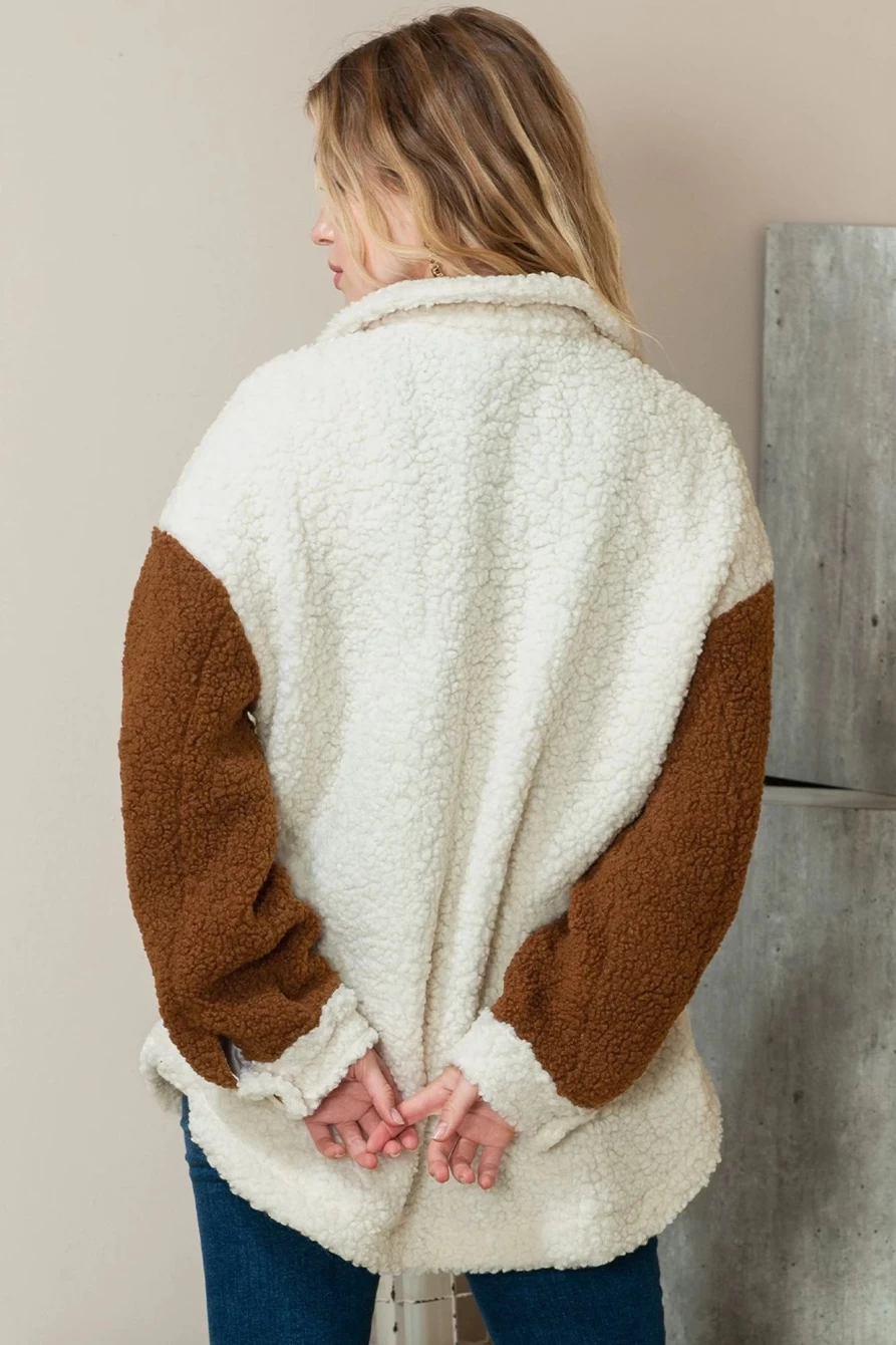 Women's Brown Color Block Fleece Jacket with Chest Pockets | Shewin