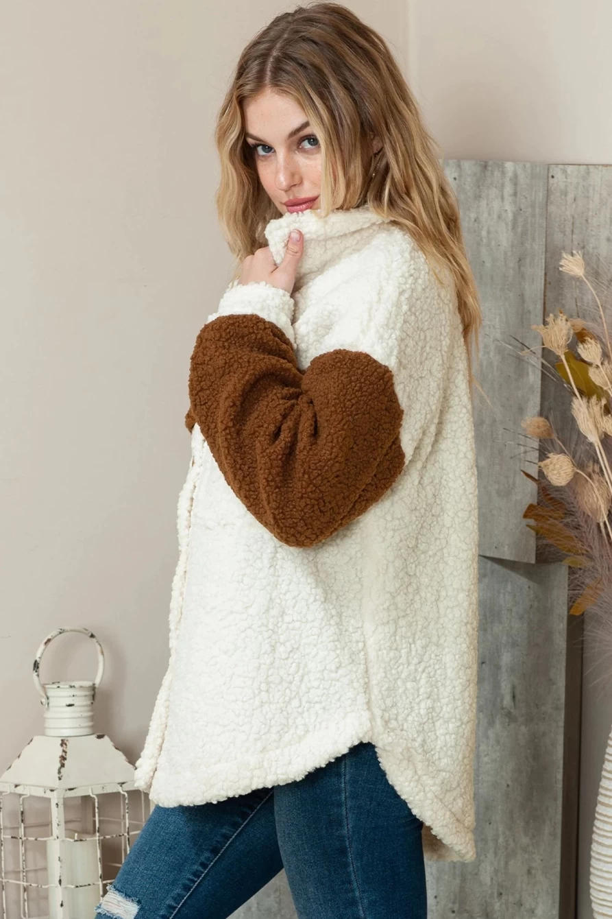 Women's Brown Color Block Fleece Jacket with Chest Pockets | Shewin