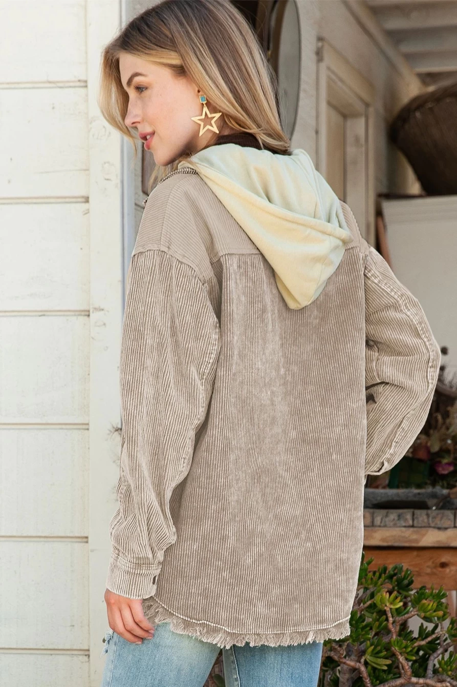 Shewin Women's Khaki Corduroy Patchwork Jacket with Raw Hem Hooded Design