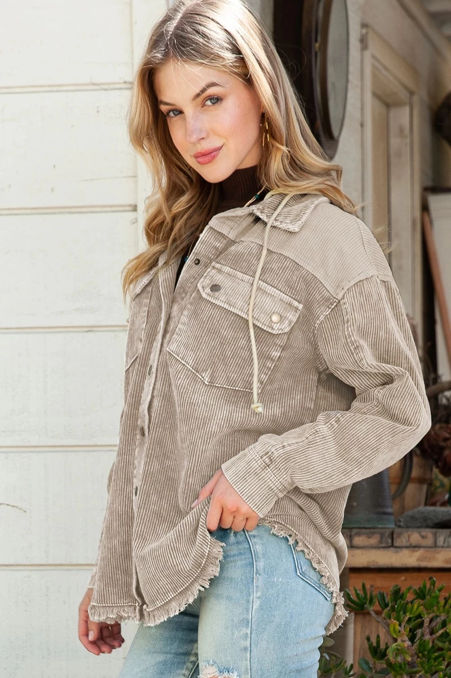 Shewin Women's Khaki Corduroy Patchwork Jacket with Raw Hem Hooded Design