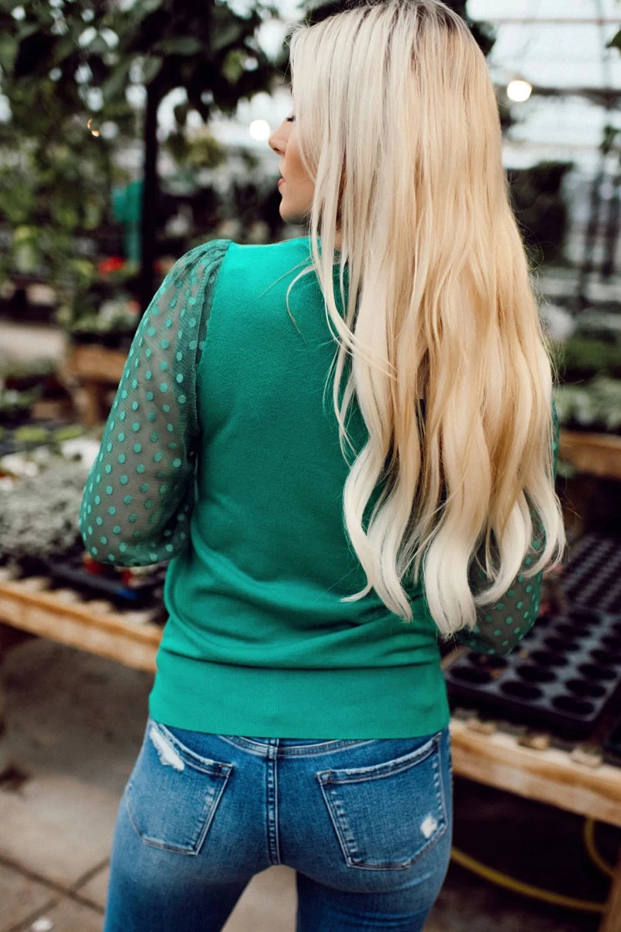 Shewin Women's Verdant Green Dotted Mesh Top with Puff Sleeves