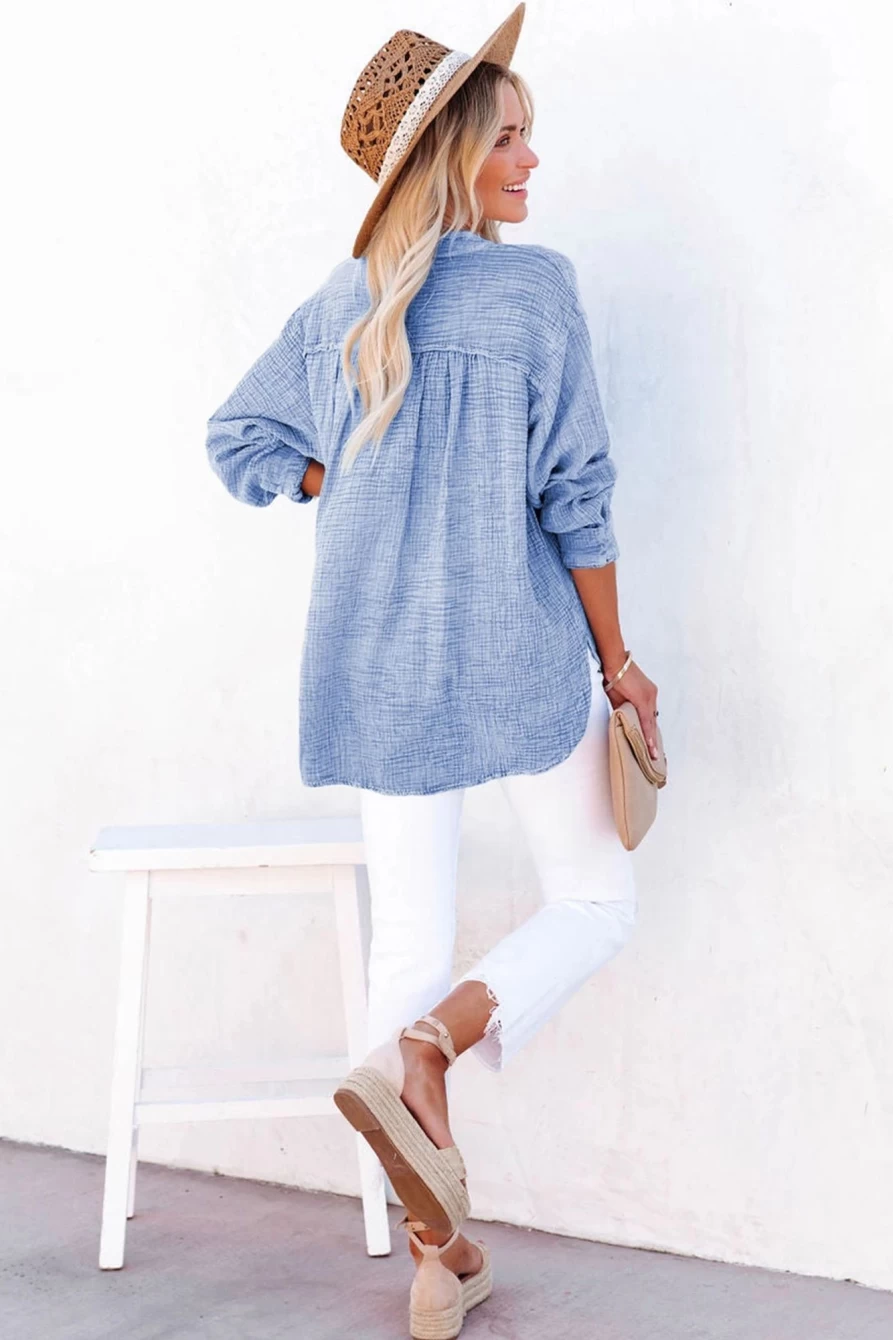 Shewin Women's Sky Blue Loose Crinkle Button V-Neck Henley Top