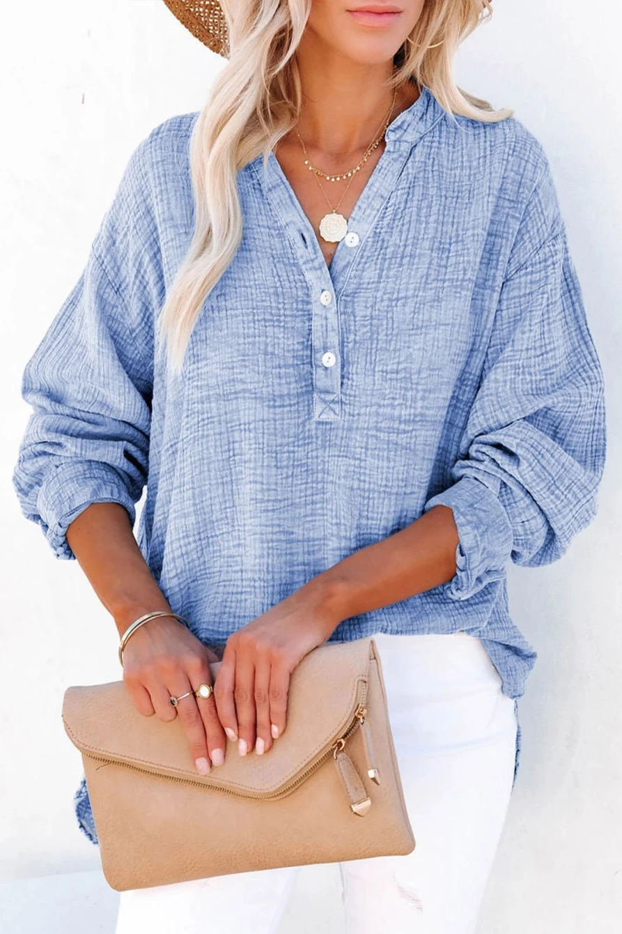 Shewin Women's Sky Blue Loose Crinkle Button V-Neck Henley Top