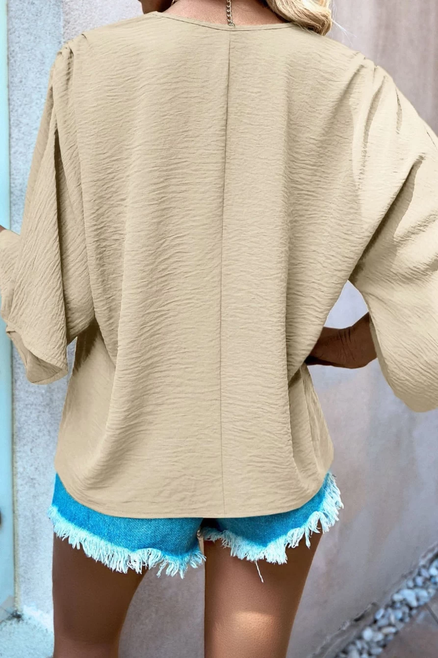 Shewin Women's Parchment Crinkled V-Neck Bell Sleeve Blouse - Solid Color Tops