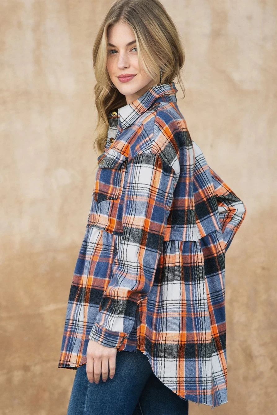 Women's Multicolor Plaid Shacket with Snap Buttons & Raw Hem - Shewin Casual Overshirt