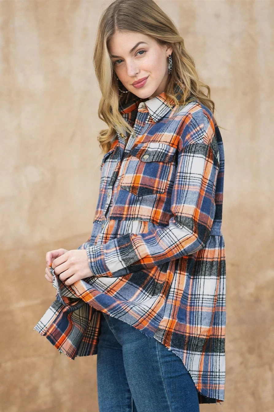 Women's Multicolor Plaid Shacket with Snap Buttons & Raw Hem - Shewin Casual Overshirt