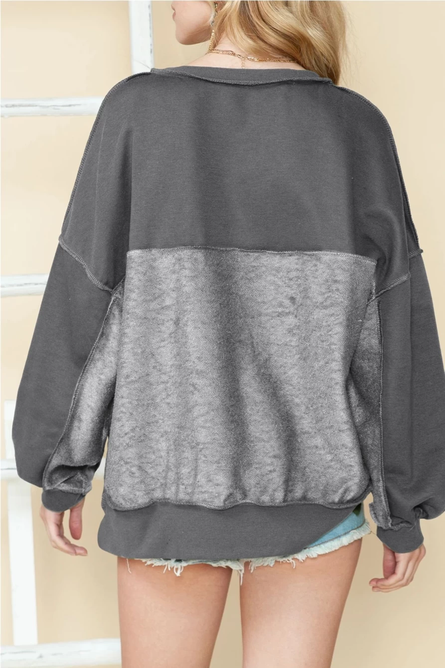 Women's Dark Grey Slouchy Drop Shoulder Henley Sweatshirt | Shewin Casual Comfort Pullover