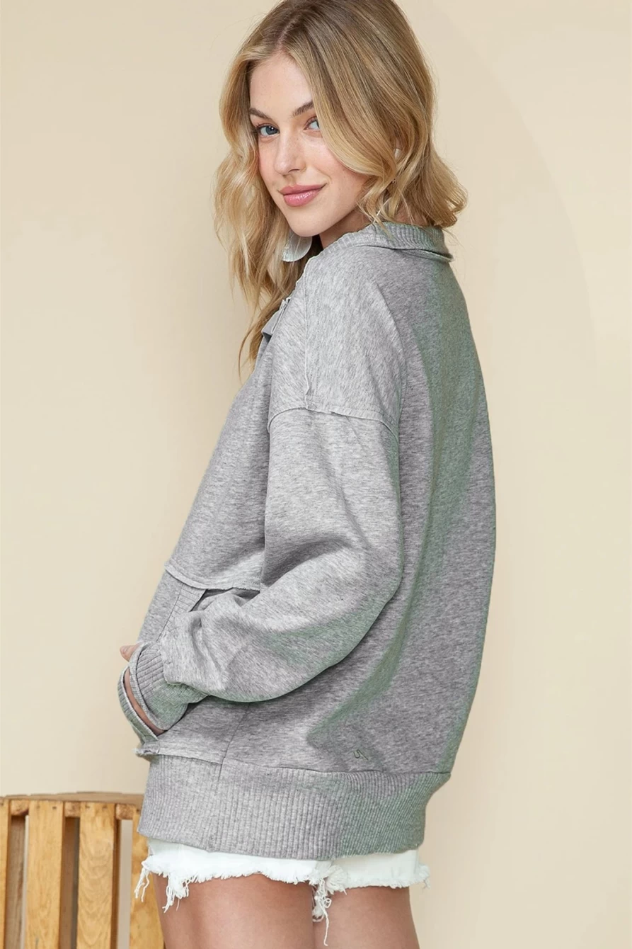 Shewin Women's Gray Ribbed Trim Kangaroo Pocket Sweatshirt with Snap Button Collar