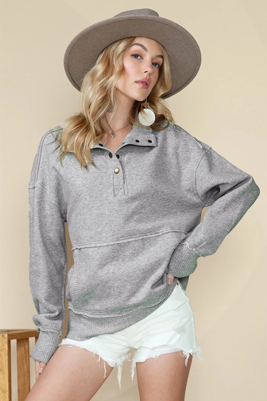 Shewin Women's Gray Ribbed Trim Kangaroo Pocket Sweatshirt with Snap Button Collar
